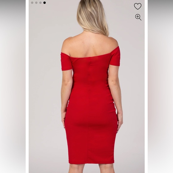 Red Solid Off Shoulder Maternity Fitted Dress - Picture 9 of 10
